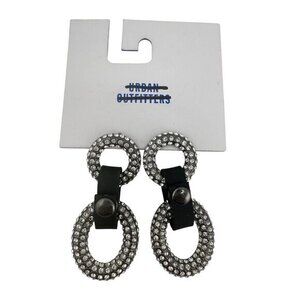 Urban Outfitters Silver Crystal Double Hoop Earrings With Black Leather Accents
